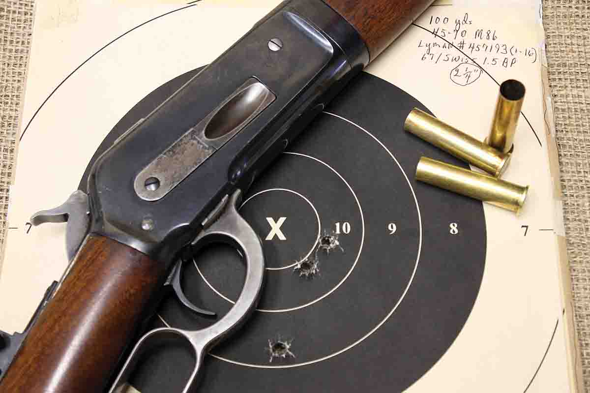This 2.25 inch, 100-yard group was shot with Harvey’s .45-70 hunting load that used a Lyman No. 457193 cast bullet and 67 grains of Swiss 1½ Fg black powder.
